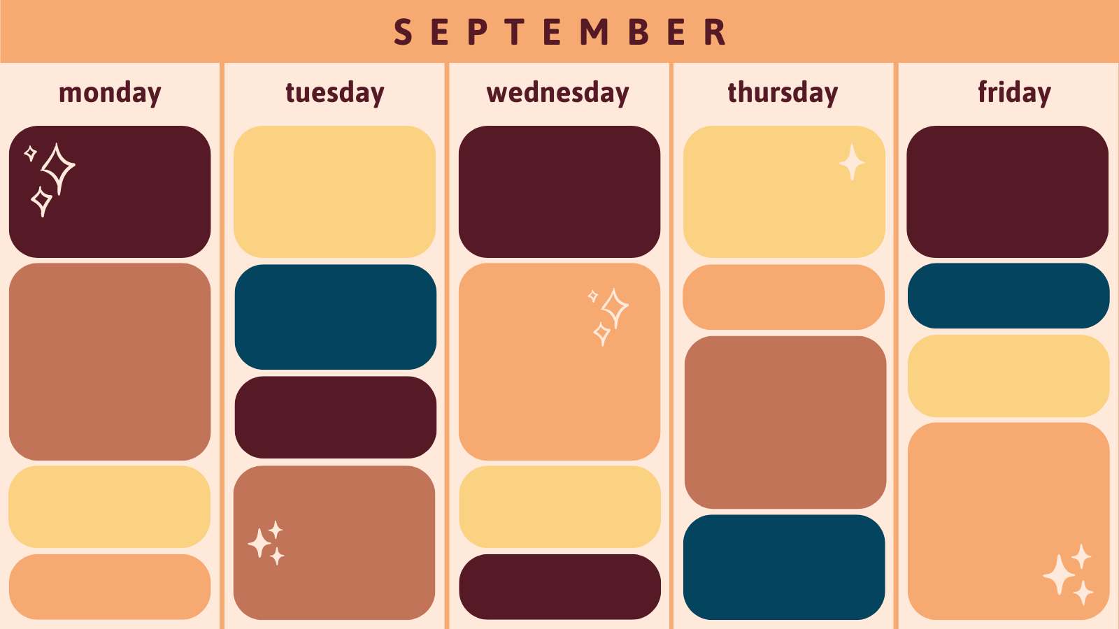 A calendar listing "September" at the top. The days Monday, Tuesday, Wednesday, Thursday and Friday are displayed consecutively at the top of five columns. In each column, there are different colored blocks.